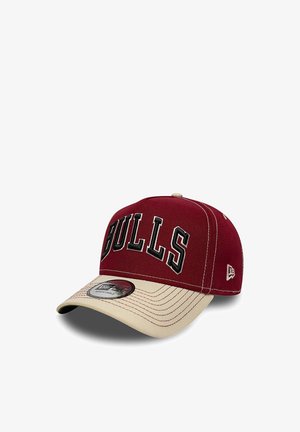 Maroon and beige baseball cap with "BULLS" text on front and adjustable strap, shown against a white background.
