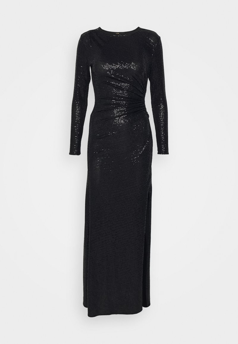 Lang Black Dress aus strukturiertem Stoff mit Pailletten, langärmlig, mit taillierten Oberteil und einem seitlichen Schlitz für mehr Bewegungsfreiheit.