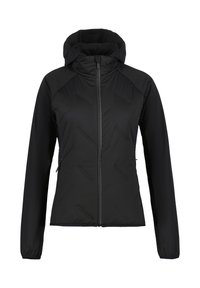 Giacca nera con cappuccio, apertura frontale con zip, maniche lunghe, motivo trapuntato sul davanti e tasche laterali con zip.