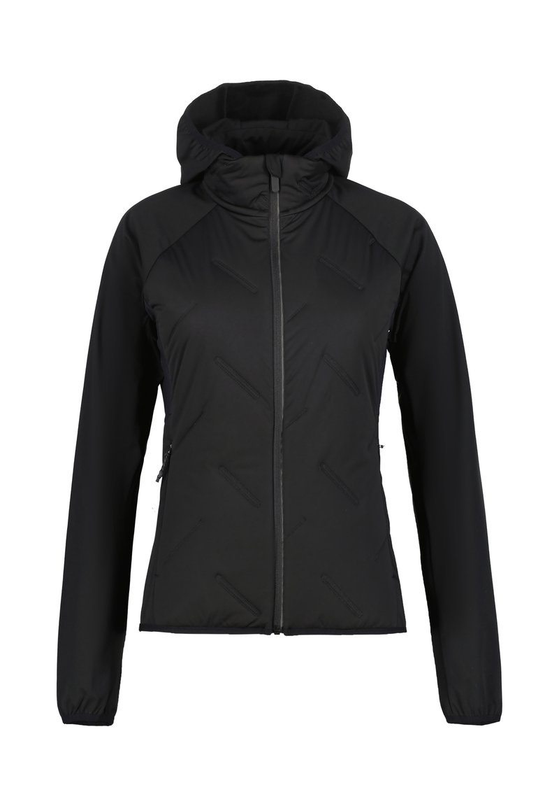 Giacca nera con cappuccio, apertura frontale con zip, maniche lunghe, motivo trapuntato sul davanti e tasche laterali con zip.