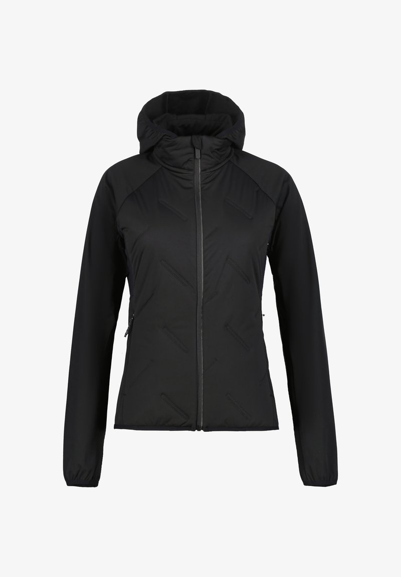 Giacca nera con cappuccio, apertura frontale con zip, maniche lunghe, motivo trapuntato sul davanti e tasche laterali con zip.