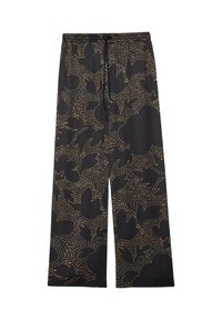 Pantaloni neri a gamba larga con motivo di fiori e onde in oro. Presentano una vita con coulisse e una texture del tessuto liscia.