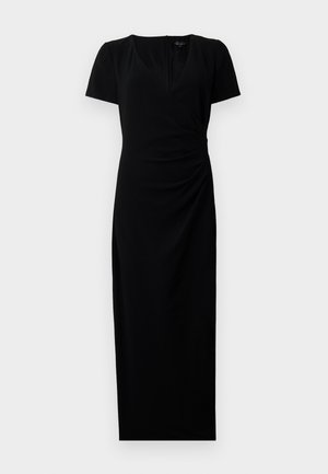 Rochie neagră, de lungime medie, cu mâneci scurte, decolteu în V și un design cu față înfășurată. Material neted cu detalii pliate pe lateral pentru a oferi formă.