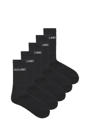Black crew socks made of a smooth, stretchy fabric, featuring ribbed texture and logo "JACK & JONES" in white on the upper side. Five pairs displayed.