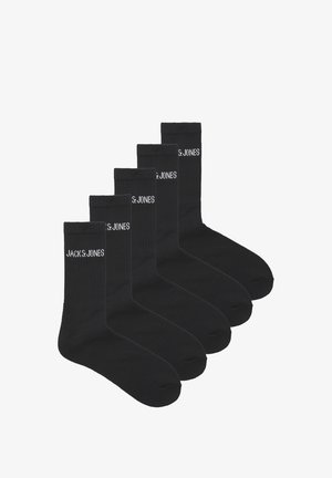 Black crew socks made of a smooth, stretchy fabric, featuring ribbed texture and logo "JACK & JONES" in white on the upper side. Five pairs displayed.