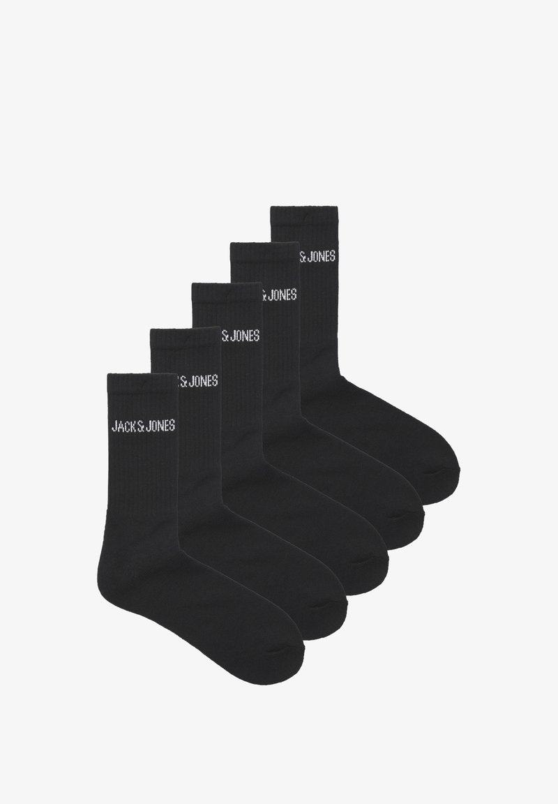Black crew socks made of a smooth, stretchy fabric, featuring ribbed texture and logo "JACK & JONES" in white on the upper side. Five pairs displayed.