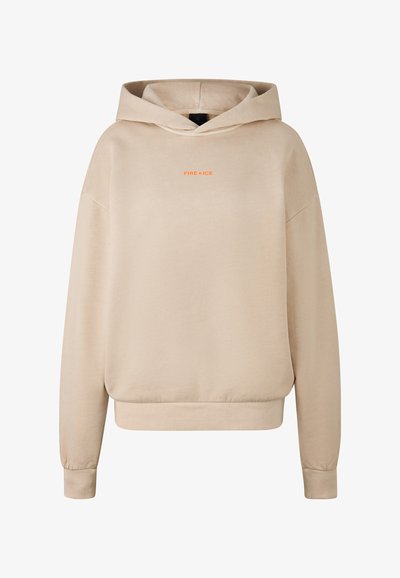 Sudadera con capucha beige de corte relajado, con puños y dobladillo acanalados, y un logo naranja "FIRE+ICE" centrado en el pecho.