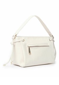 Witte leren handtas met een gestructureerde afwerking, een bovenhandvat, een ritsvak aan de voorkant en verstelbare zijbinders voor vormaanpassing.