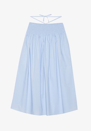 Helle blaue Baumwollrock mit gerafftem Bund, fließender Silhouette, breiten Falten und dünnen Bindebändern hinten für eine verstellbare Passform.