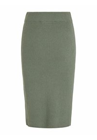 Jupe crayon en tricot côtelé de couleur vert olive, longueur cheville, avec une taille ajustée et une texture verticale sur l'ensemble. Pas de poches ni d'ornements.