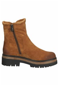 Stivaletto in suede marrone con chiusura a zip, punta tonda e suola in gomma testurizzata con tacco impilato a contrasto.
