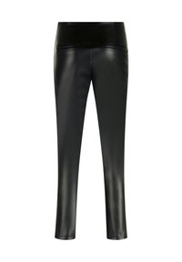 Pantalones de imitación de cuero negros con un diseño elegante, de longitud cropped y dos bolsillos traseros, con una textura brillante y suave y una silueta ajustada.