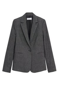 Blazer à carreaux gris avec revers crantés, fermeture à un seul bouton et deux poches frontales. Présente un tissu texturé et une coupe ajustée.