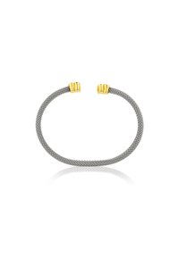 Pulsera de malla en metal gris con acentos en tono dorado. Diseño de puño abierto, textura suave y un brillo sutil. Presenta dos extremos dorados texturizados.