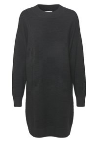 Abito maglione nero a maglia con texture a costine, scollatura rotonda e maniche lunghe. Presenta una vestibilità rilassata e un orlo che arriva sotto i fianchi.
