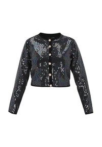 Svart kort cardigan täckt i flerfärgade paljetter, med rund halsringning och åtta knappar, långa ärmar och en figurnära stil.