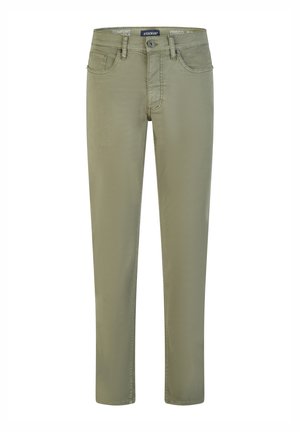 Khakifarbene Hose mit geradem Bein, Frontknopf- und Reißverschluss, Gürtelschlaufen und Fünf-Taschen-Design, aus weichem, bequemem Stoff gefertigt.