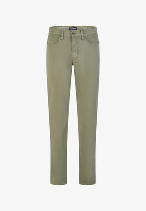 Khakifarbene Hose mit geradem Bein, Frontknopf- und Reißverschluss, Gürtelschlaufen und Fünf-Taschen-Design, aus weichem, bequemem Stoff gefertigt.