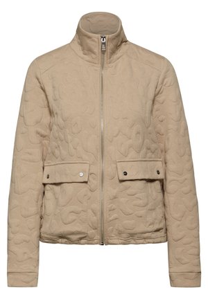 Giacca trapuntata beige con colletto alto, chiusura con zip e due tasche frontali con bottoni a pressione. Tessuto testurizzato con un motivo sottile.