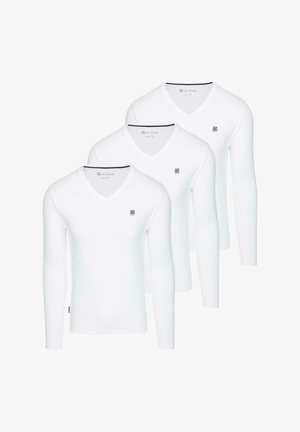 Three white long-sleeve V-neck T-shirts made of soft fabric, featuring a small logo on the chest and a smooth, plain texture.