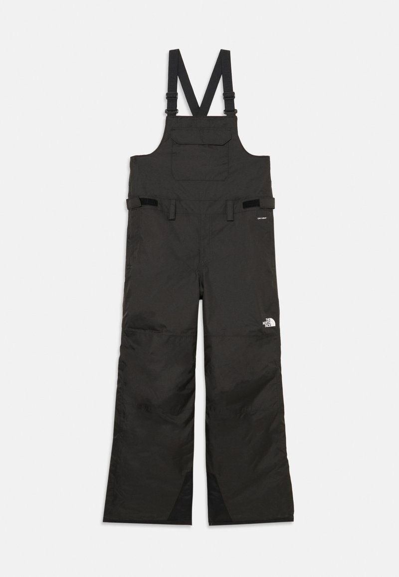 Sorte isolerte bukseseler med justerbare skulderstropper, brystlomme foran, og The North Face-logo på høyre lår.