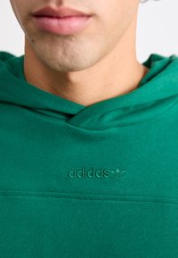 Green cotton hoodie features a kangaroo pocket, adjustable hood, and embroidered Adidas logo on the chest. Smooth, textured fabric.