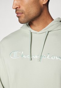 Light green hoodie made of soft fabric, featuring an embroidered "Champion" logo in a slightly darker shade, with drawstrings at the hood.