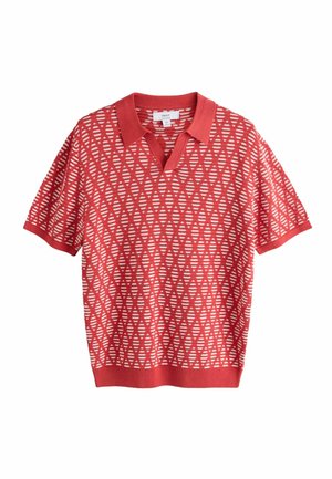Rotes und weißes kurzärmeliges Strick-Poloshirt mit geometrischem Diamantmuster, geripptem Kragen, Bündchen und Saum.
