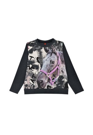 Sweatshirt mit schwarzen Ärmeln und einer Vorderseite, die ein Pferde-Graphic mit einer lila Halfter auf einem strukturierten Hintergrund mit abstrakten Mustern zeigt.