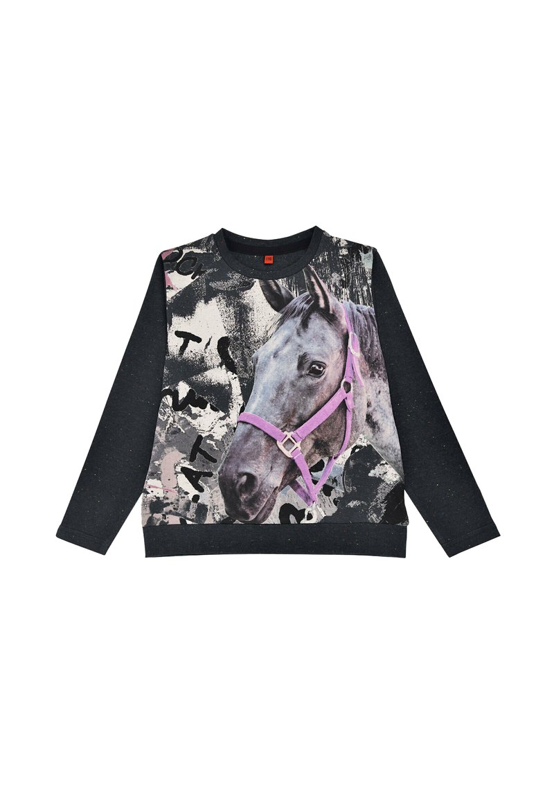 Sweatshirt mit schwarzen Ärmeln und einer Vorderseite, die ein Pferde-Graphic mit einer lila Halfter auf einem strukturierten Hintergrund mit abstrakten Mustern zeigt.