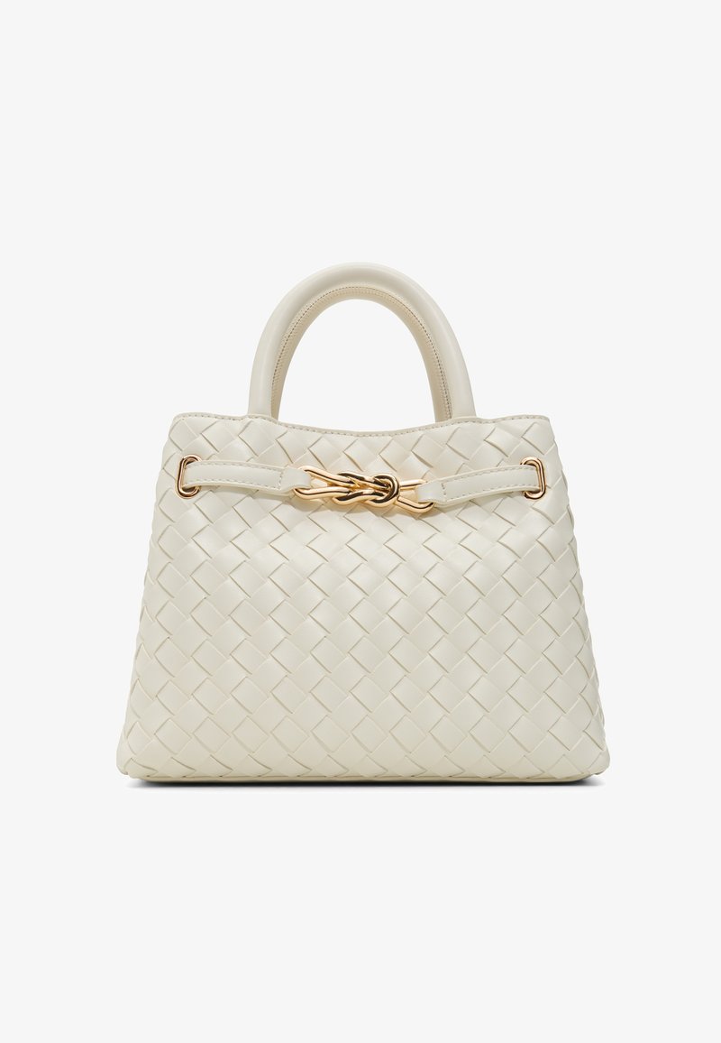 Sac à main en cuir tissé crème avec poignées arrondies et détail de fermoir nœud torsadé doré à l'avant.