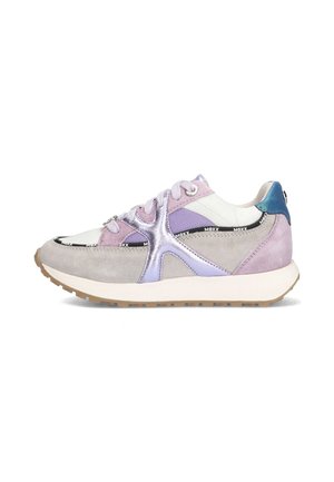 Light purple suede sneaker with mesh accents, silver detailing, a white midsole, and a gum rubber outsole. Features a rounded toe design.