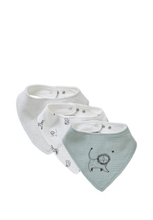 Set of three bandana bibs in soft cotton. Colors: light gray, white with black animals, and gray with a lion design. Snap closures.