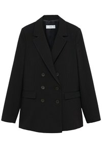 Černé dvouřadové sako s klopami, šesti knoflíky, dlouhými rukávy a dvěma předními kapsami s klopou.