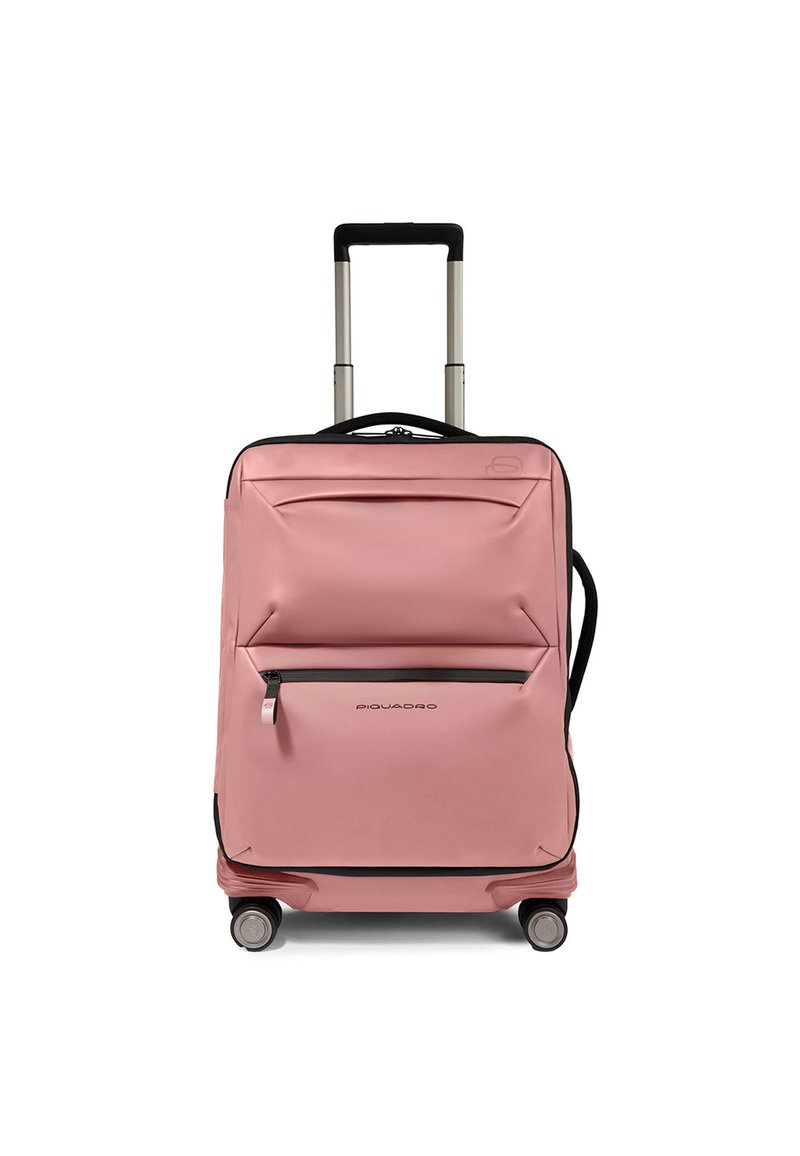 Zachte roze koffer met een harde schaal, voorvak met ritssluiting, intrekbare handgreep en vier wielen voor gemakkelijke wendbaarheid.
