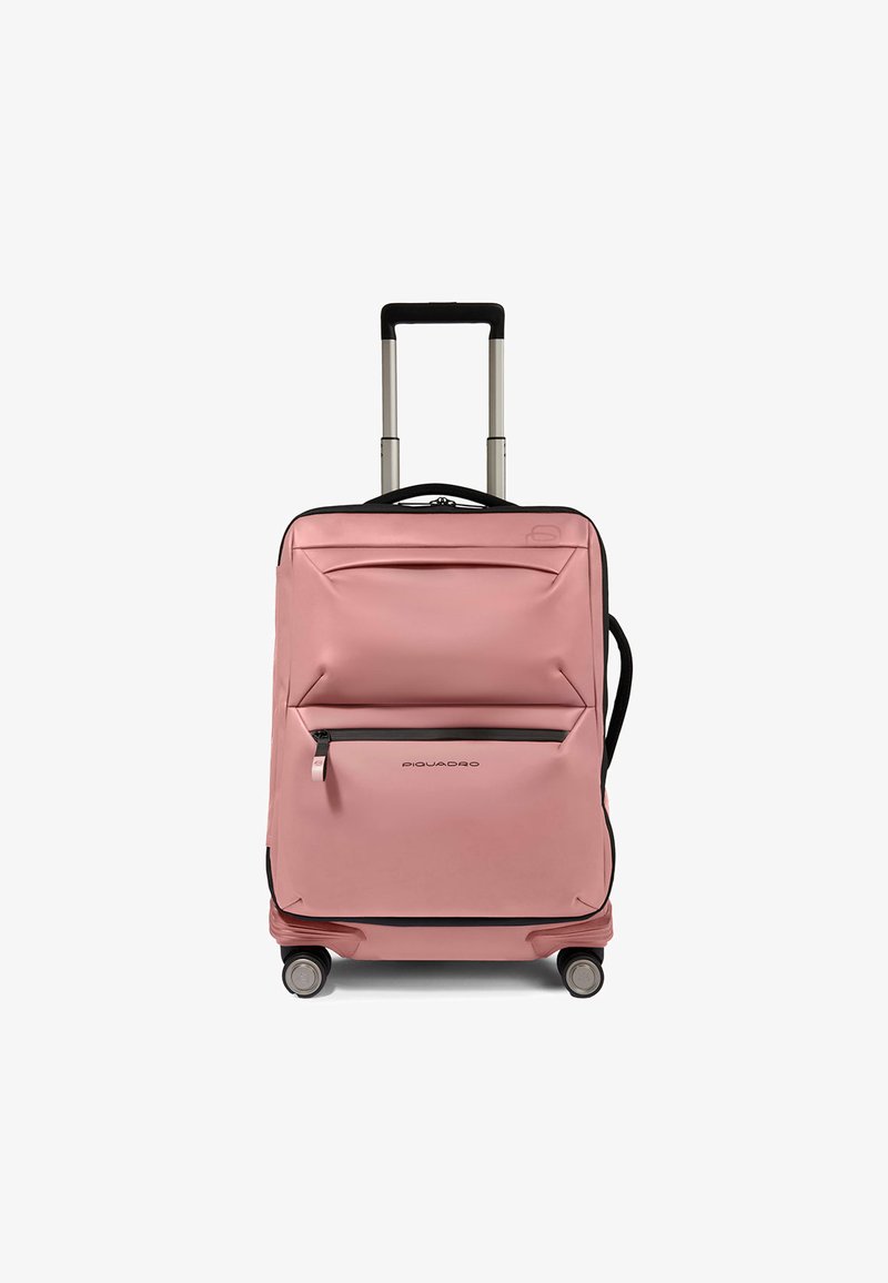 Zachte roze koffer met een harde schaal, voorvak met ritssluiting, intrekbare handgreep en vier wielen voor gemakkelijke wendbaarheid.