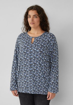 Blouse met lange mouwen met een sleutelgatnek, blauw en zwart geometrisch patroon, zachte stof en een relaxte pasvorm.