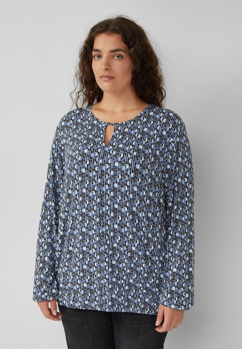 Langärmlige Bluse mit Schlüsselloch-Ausschnitt, blau-schwarz geometrischem Muster, weichem Stoff und lockerer Passform.
