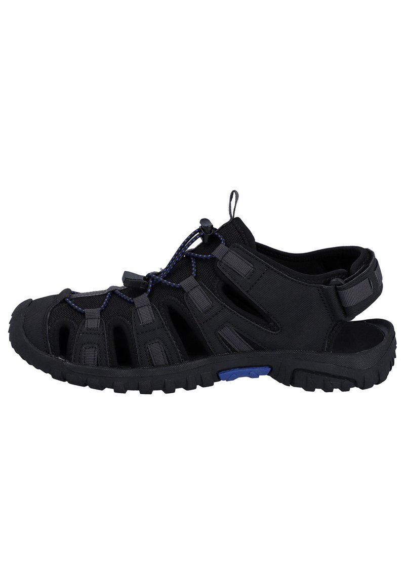 Sandalia deportiva negra con parte superior de malla transpirable, cordón elástico ajustable, diseño de talón abierto y suela de goma resistente con acentos azules.