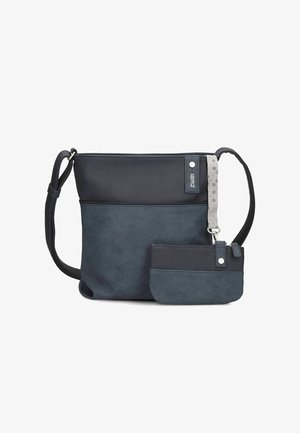 Two-toned navy crossbody bag and matching small pouch, with adjustable strap and logo detail on the top corner.