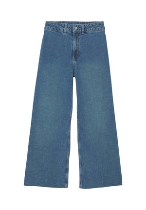 Jean en denim bleu taille haute, jambes larges, avec fermeture avant à boutons et zip, passants de ceinture, et style classique à cinq poches.