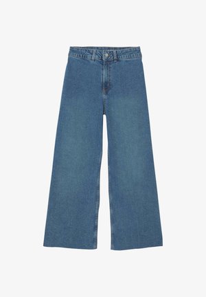 Jean en denim bleu taille haute, jambes larges, avec fermeture avant à boutons et zip, passants de ceinture, et style classique à cinq poches.