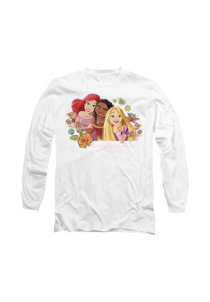 White long-sleeve shirt featuring a colorful graphic of three animated characters surrounded by floral designs and the text "Ready for Whatever."