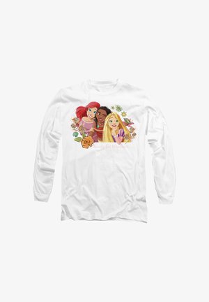 White long-sleeve shirt featuring a colorful graphic of three animated characters surrounded by floral designs and the text "Ready for Whatever."