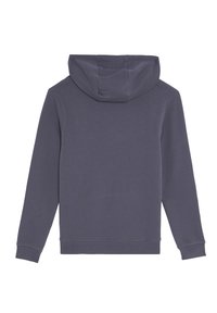 Felpa con cappuccio in tessuto grigio scuro, con maniche lunghe, un design minimalista e polsini e orlo a costine, senza loghi o motivi visibili.