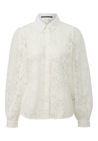 White lace blouse with a collar, button-up front, and long puffed sleeves. Features circular patterns and textured fabric.