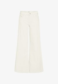 Pantalones de pierna ancha de talle alto en color blanco roto con botones delanteros, cierre de cremallera, trabillas para cinturón y bolsillos delanteros.