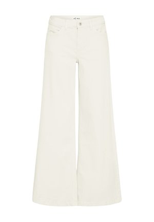 Pantaloni a gamba larga a vita alta in bianco sporco con chiusura frontale con bottoni, cerniera, passanti per cintura e tasche anteriori.