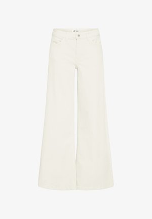 Pantaloni a gamba larga a vita alta in bianco sporco con chiusura frontale con bottoni, cerniera, passanti per cintura e tasche anteriori.