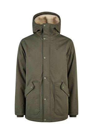 Green, hooded jacket with a soft, beige fleece lining. Features snap closures and two slanted front pockets with flap covers.